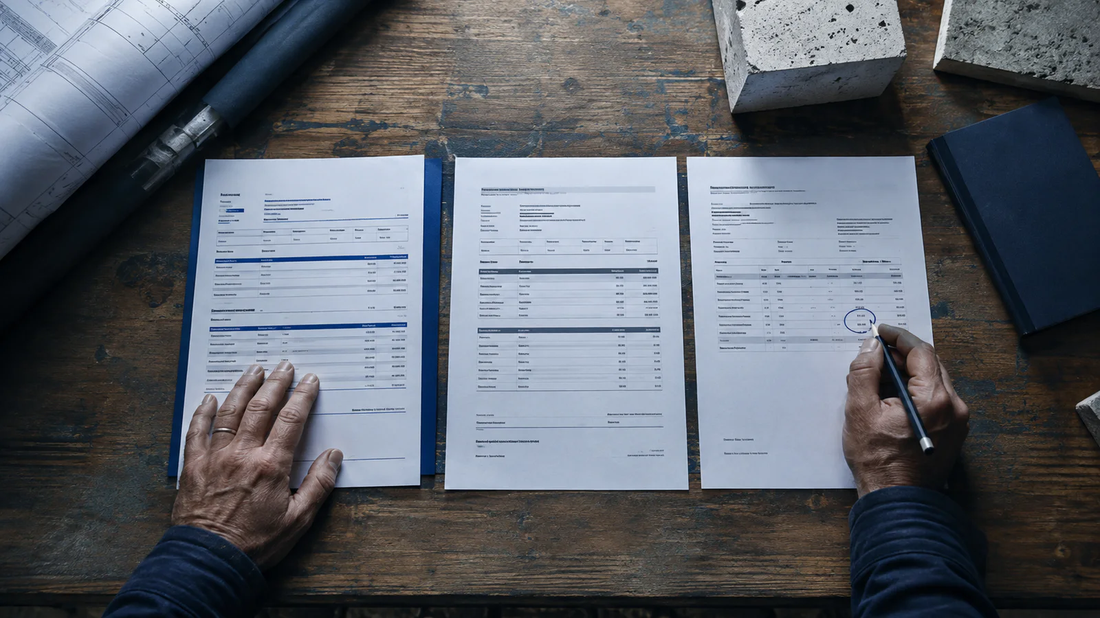 A contract, purchase order and supplier invoice being compared on a construction site office table.