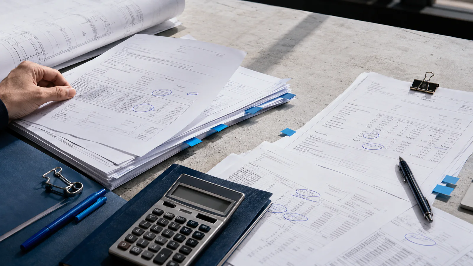 Supplier invoices, rate schedules and audit markings arranged for a detailed accounts payable review.