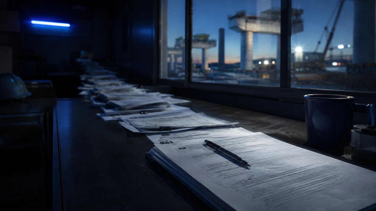 A trail of commercial documents receding into a dark construction project office.
