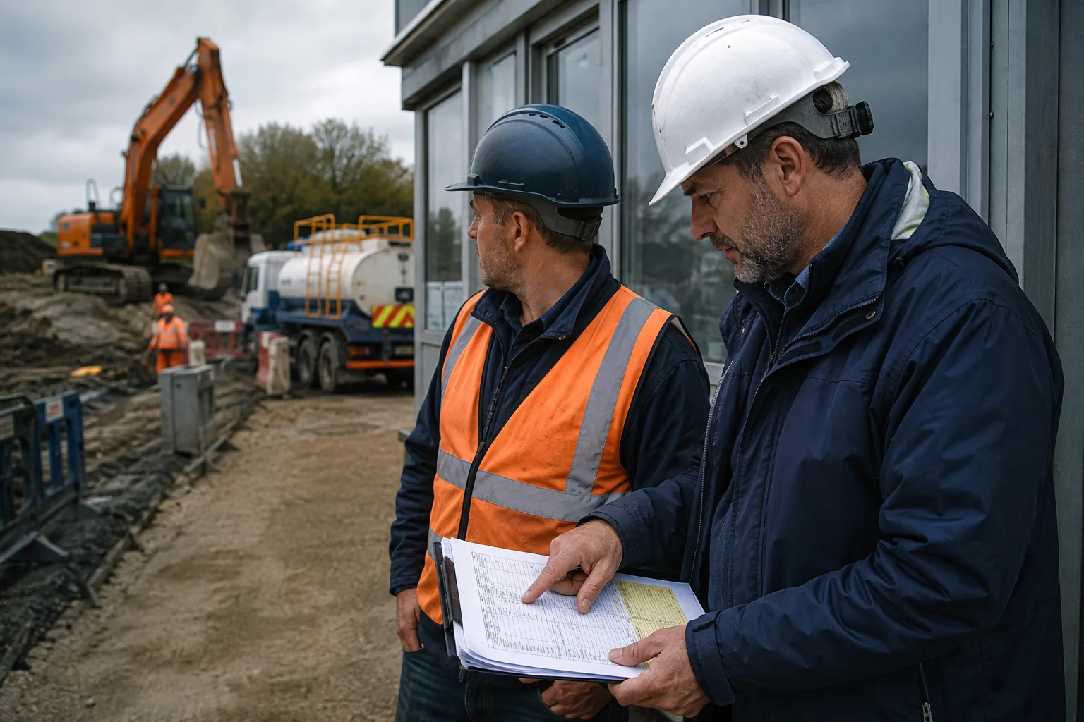 A commercial manager and site supervisor review supplier charges beside active plant and fuel equipment.