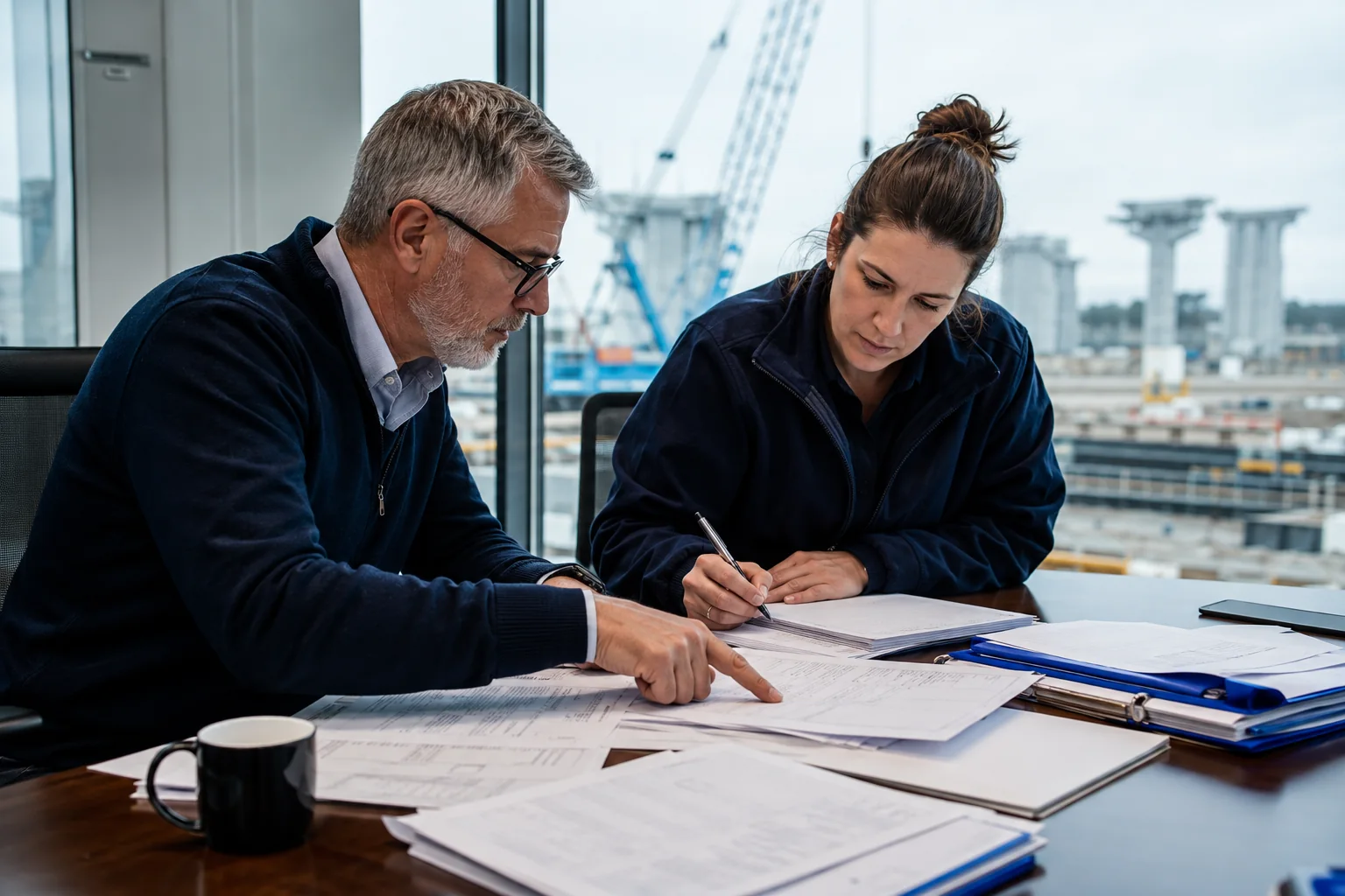Two construction commercial professionals compare supplier documents in a project controls office.